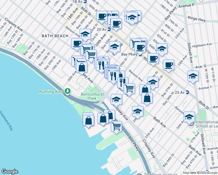 map of restaurants, bars, coffee shops, grocery stores, and more near 8811 Bay Parkway in Brooklyn