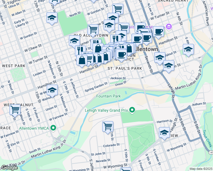 map of restaurants, bars, coffee shops, grocery stores, and more near 600 South 10th Street in Allentown