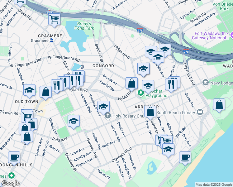 map of restaurants, bars, coffee shops, grocery stores, and more near 7 Hickory Avenue in Staten Island