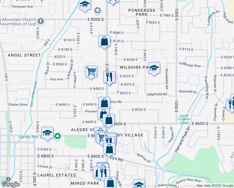 map of restaurants, bars, coffee shops, grocery stores, and more near 744 East 8425 South in Sandy