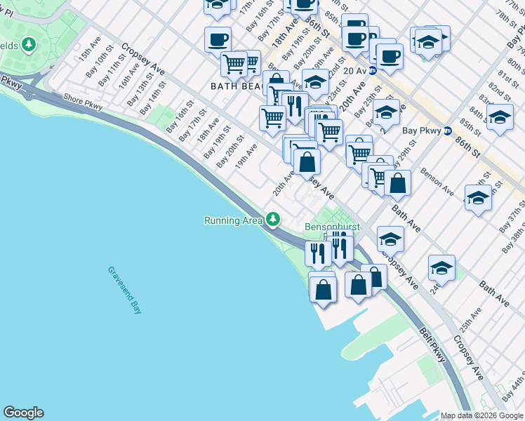 map of restaurants, bars, coffee shops, grocery stores, and more near Shore Pkwy & 20th Ave in Brooklyn