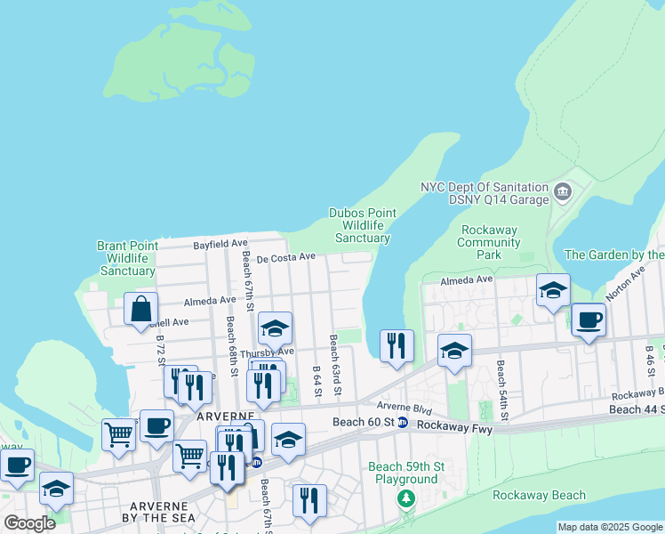 map of restaurants, bars, coffee shops, grocery stores, and more near 62-52 Hillmeyer Road in Queens