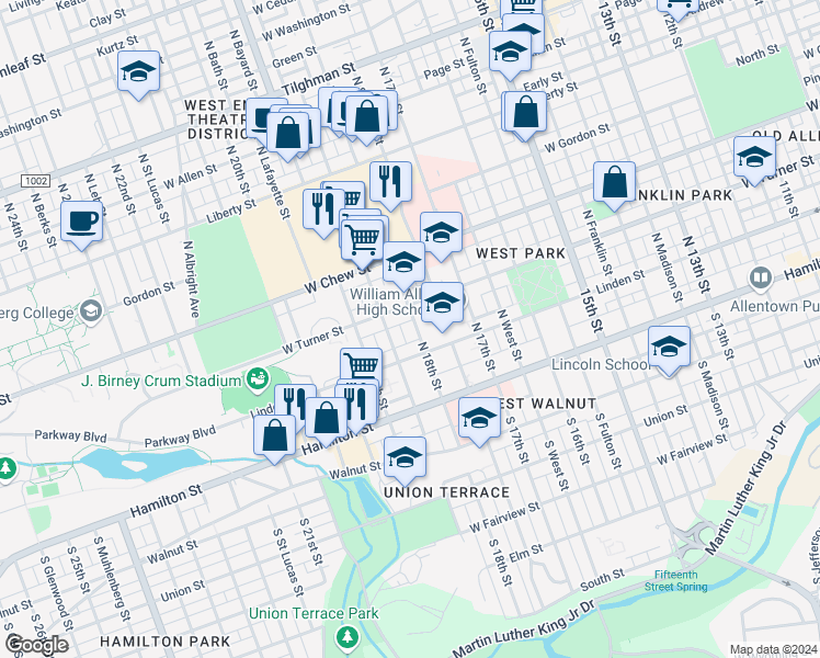 map of restaurants, bars, coffee shops, grocery stores, and more near 124 North 18th Street in Allentown