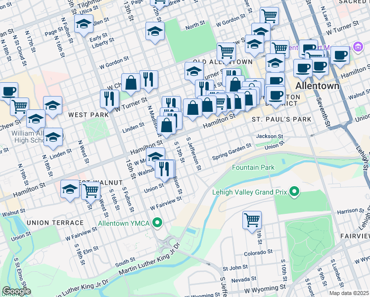 map of restaurants, bars, coffee shops, grocery stores, and more near 1250 Walnut Street in Allentown