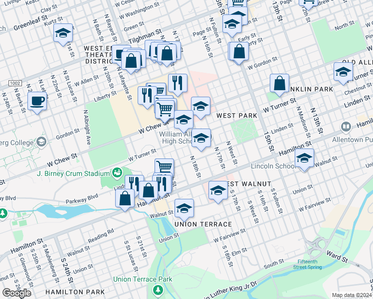 map of restaurants, bars, coffee shops, grocery stores, and more near 124 North 18th Street in Allentown