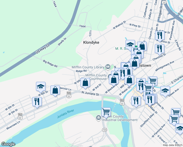map of restaurants, bars, coffee shops, grocery stores, and more near 216 North Grand Street in Lewistown