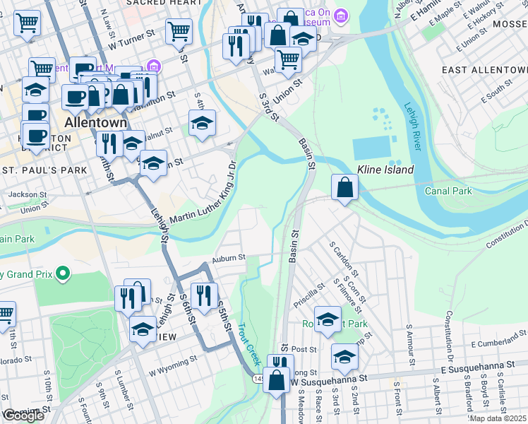 map of restaurants, bars, coffee shops, grocery stores, and more near 550 Basin Street in Allentown