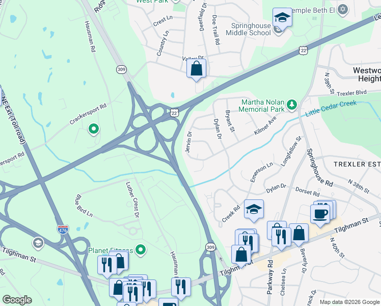 map of restaurants, bars, coffee shops, grocery stores, and more near 1024 Jervin Drive in Allentown