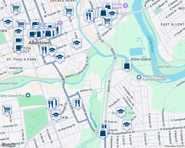 map of restaurants, bars, coffee shops, grocery stores, and more near 327 Market Street in Allentown