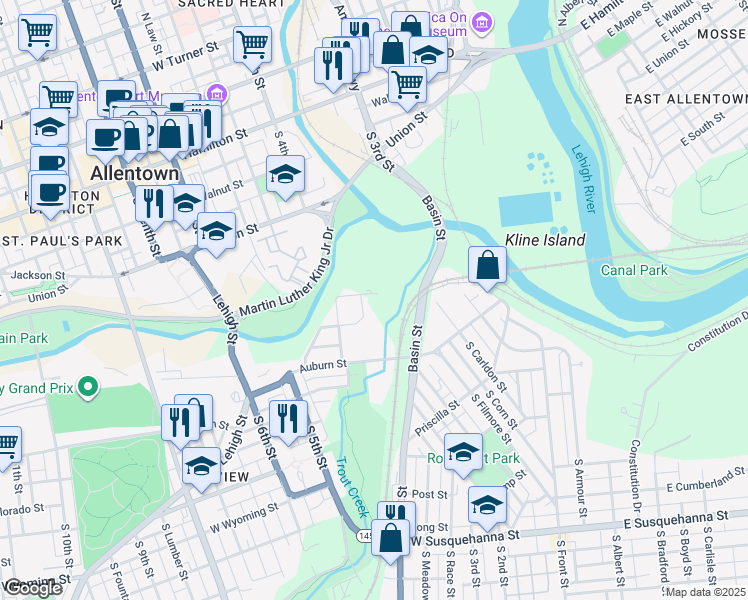 map of restaurants, bars, coffee shops, grocery stores, and more near 550 Basin Street in Allentown