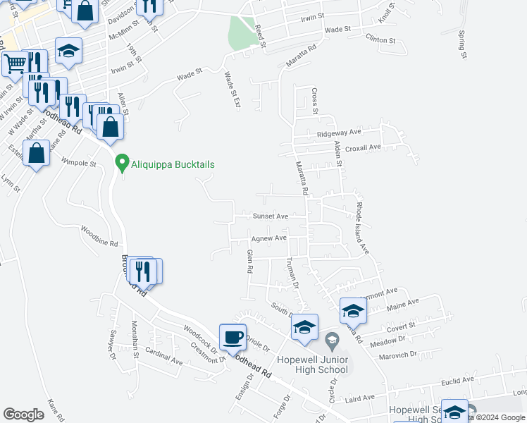 map of restaurants, bars, coffee shops, grocery stores, and more near 1324 Sunset Avenue in Aliquippa