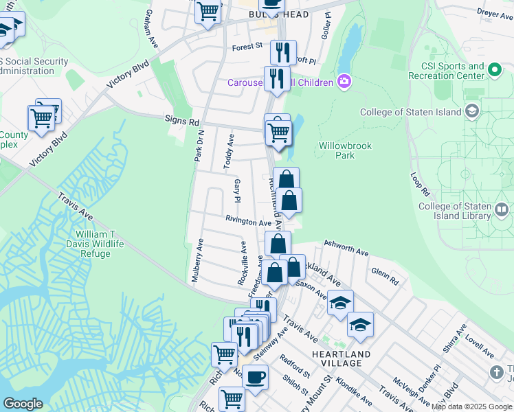 map of restaurants, bars, coffee shops, grocery stores, and more near 51 Rivington Avenue in Staten Island