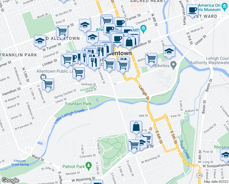 map of restaurants, bars, coffee shops, grocery stores, and more near 270 Albertus L. Meyers Bridge in Allentown