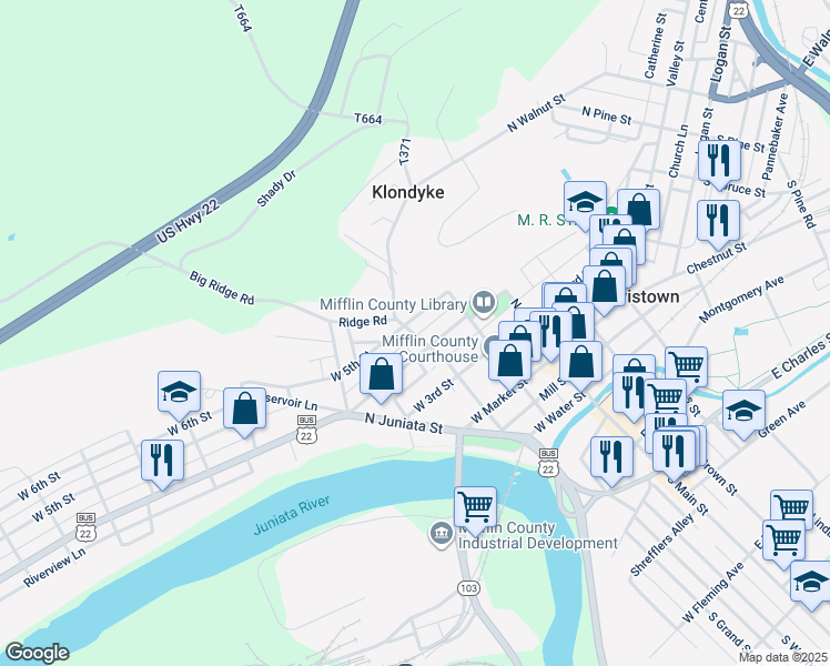 map of restaurants, bars, coffee shops, grocery stores, and more near 213 North Grand Street in Lewistown