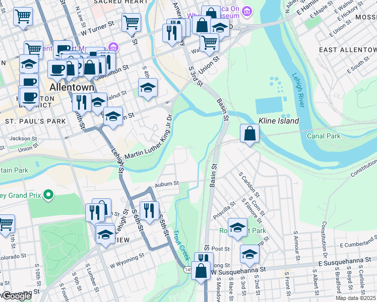 map of restaurants, bars, coffee shops, grocery stores, and more near 327 Market Street in Allentown