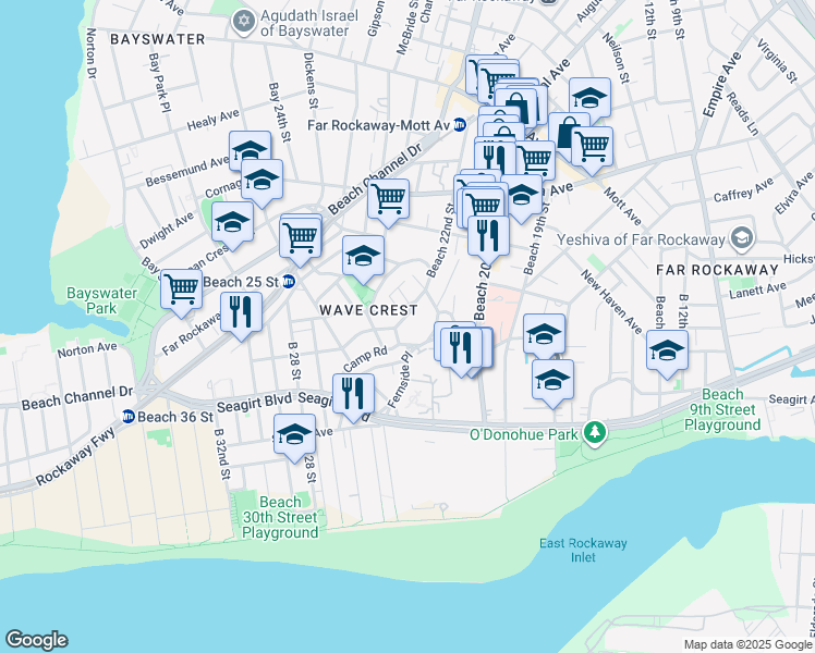 map of restaurants, bars, coffee shops, grocery stores, and more near 410 Beach 22nd Street in Queens