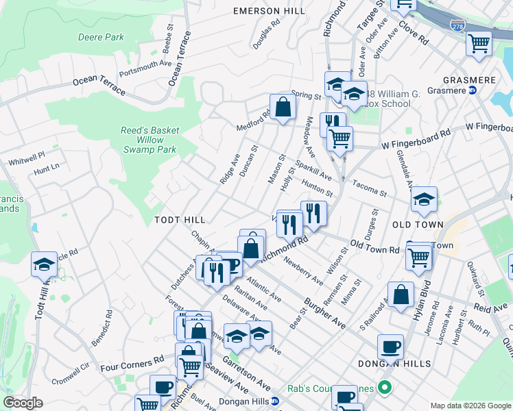 map of restaurants, bars, coffee shops, grocery stores, and more near 22 Dutchess Avenue in Staten Island