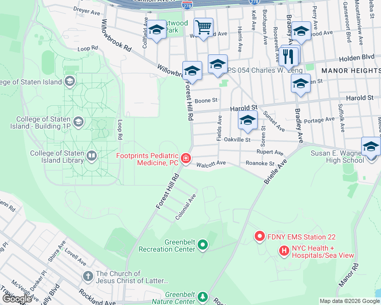 map of restaurants, bars, coffee shops, grocery stores, and more near 1023 Forest Hill Road in Staten Island