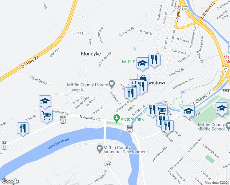map of restaurants, bars, coffee shops, grocery stores, and more near in Lewistown