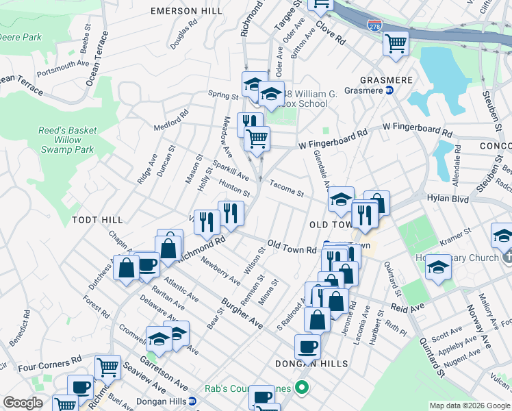 map of restaurants, bars, coffee shops, grocery stores, and more near 1202 Richmond Road in Staten Island