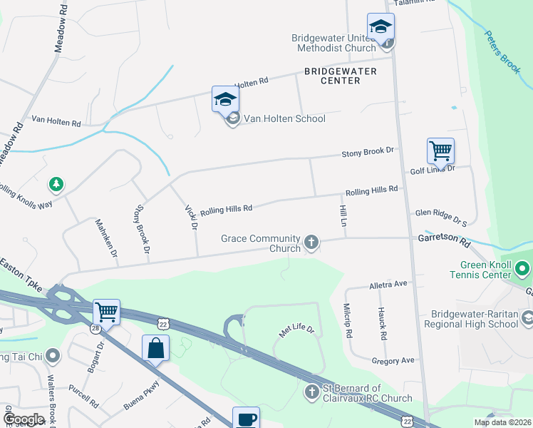 map of restaurants, bars, coffee shops, grocery stores, and more near 399 Garretson Road in Bridgewater Township