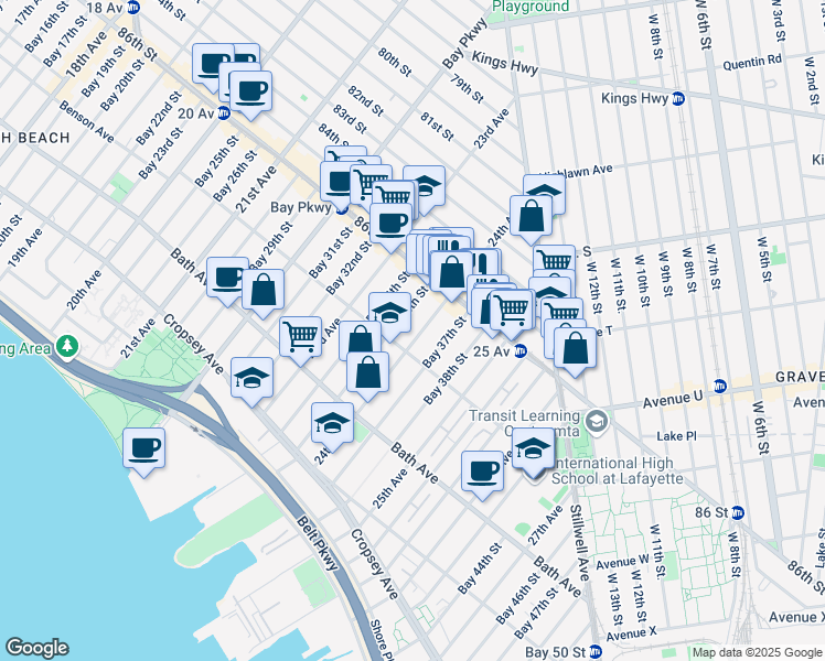 map of restaurants, bars, coffee shops, grocery stores, and more near 2415 Benson Avenue in Brooklyn