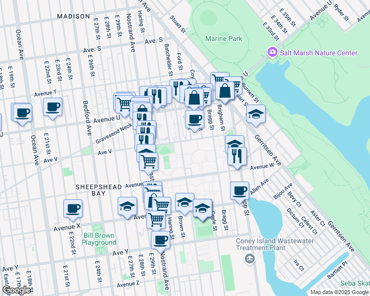 map of restaurants, bars, coffee shops, grocery stores, and more near 3004 Avenue V in Brooklyn
