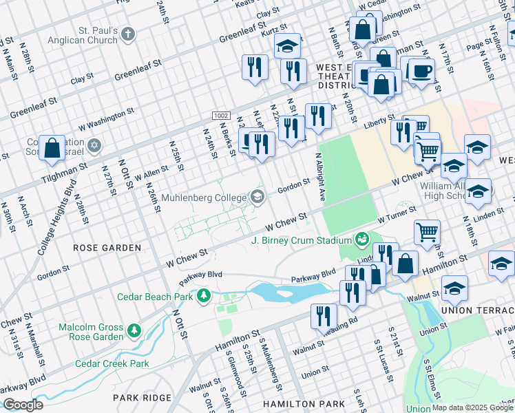 map of restaurants, bars, coffee shops, grocery stores, and more near 2400 West Chew Street in Allentown