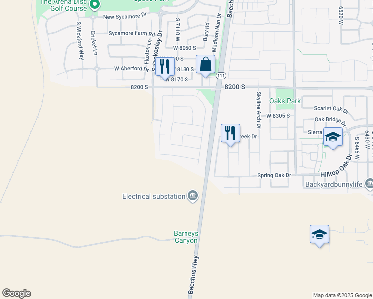 map of restaurants, bars, coffee shops, grocery stores, and more near 7087 West Boston Park Lane in West Jordan