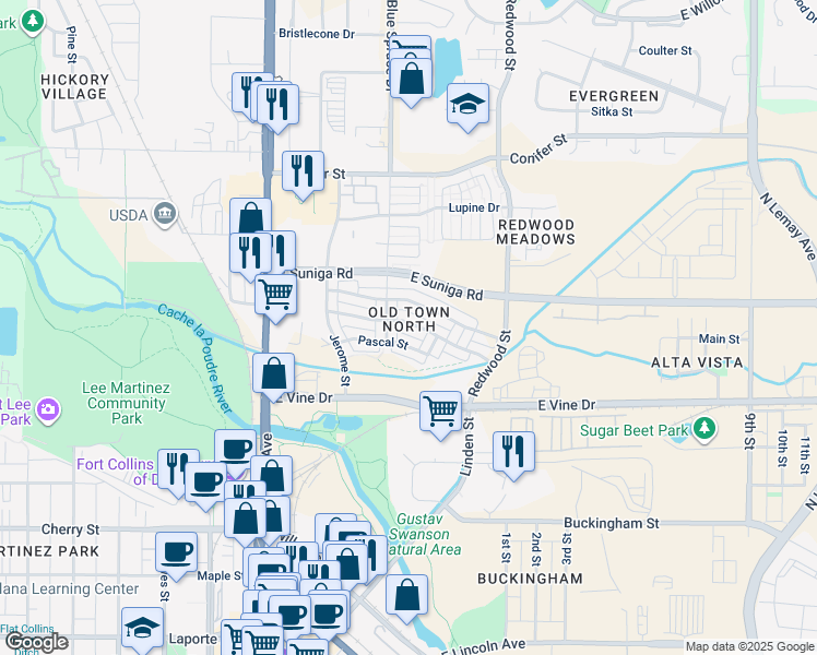map of restaurants, bars, coffee shops, grocery stores, and more near 803 Heschel Street in Fort Collins