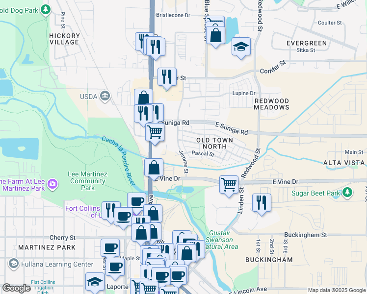 map of restaurants, bars, coffee shops, grocery stores, and more near 750 Jerome Street in Fort Collins