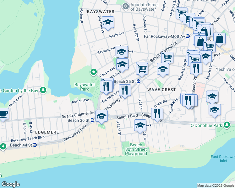 map of restaurants, bars, coffee shops, grocery stores, and more near 30-16 Brookhaven Avenue in Queens
