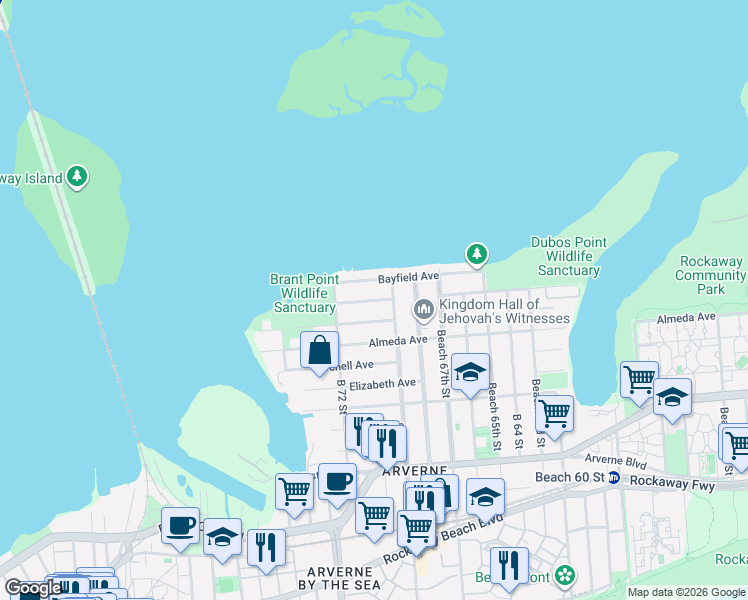 map of restaurants, bars, coffee shops, grocery stores, and more near 69-46 Hillmeyer Avenue in Queens