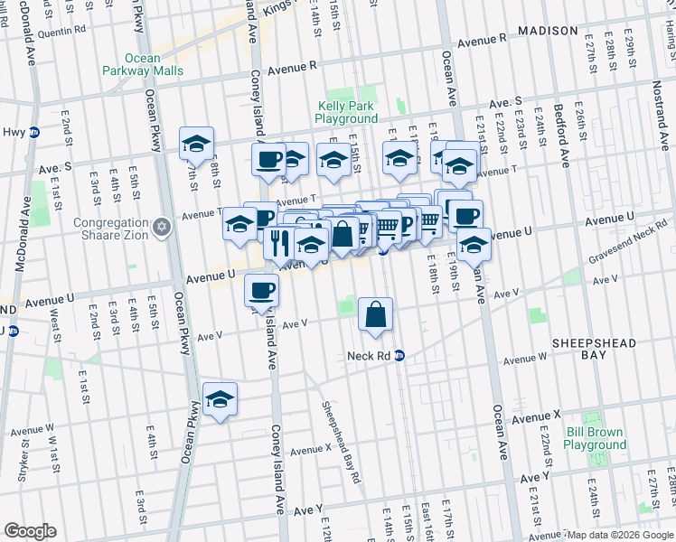 map of restaurants, bars, coffee shops, grocery stores, and more near 2148 East 14th Street in Brooklyn