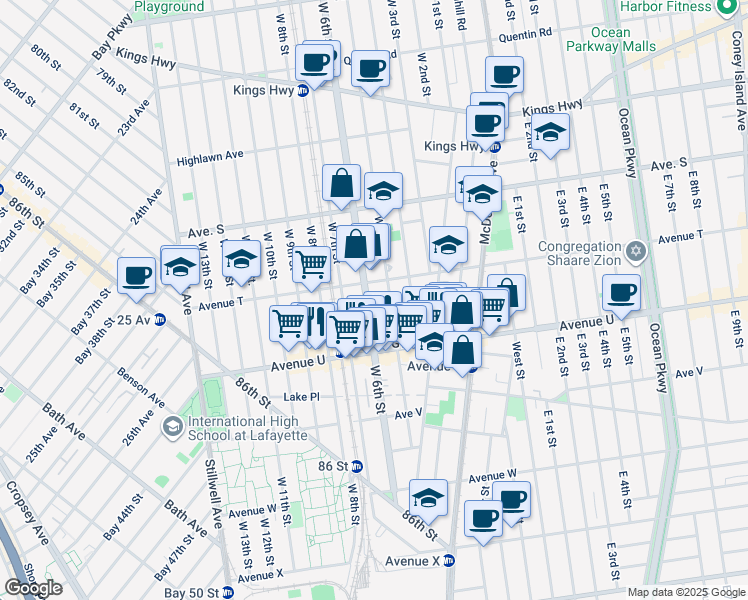 map of restaurants, bars, coffee shops, grocery stores, and more near 2062 West 5th Street in Brooklyn