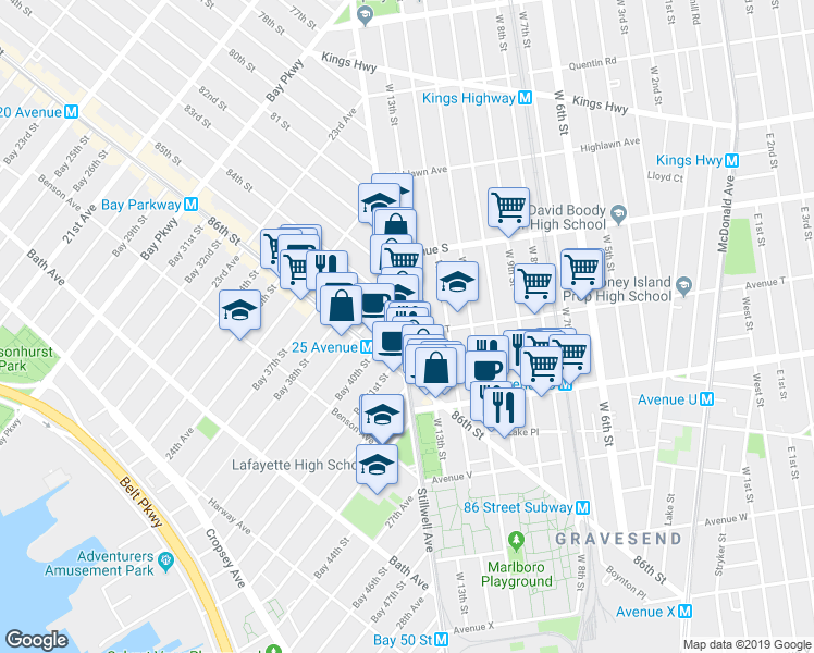 map of restaurants, bars, coffee shops, grocery stores, and more near 2020 West 13th Street in Brooklyn