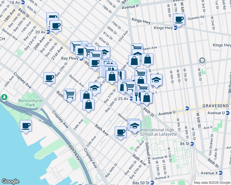 map of restaurants, bars, coffee shops, grocery stores, and more near 46 Bay 38th Street in Brooklyn