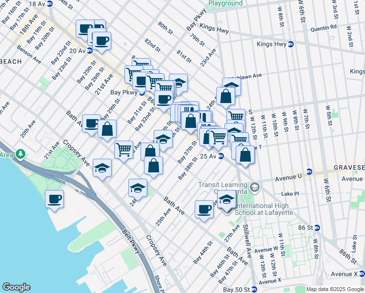 map of restaurants, bars, coffee shops, grocery stores, and more near 2415 Benson Avenue in Brooklyn