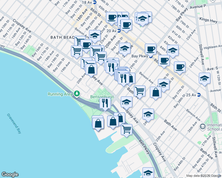 map of restaurants, bars, coffee shops, grocery stores, and more near 2198 Cropsey Avenue in Brooklyn