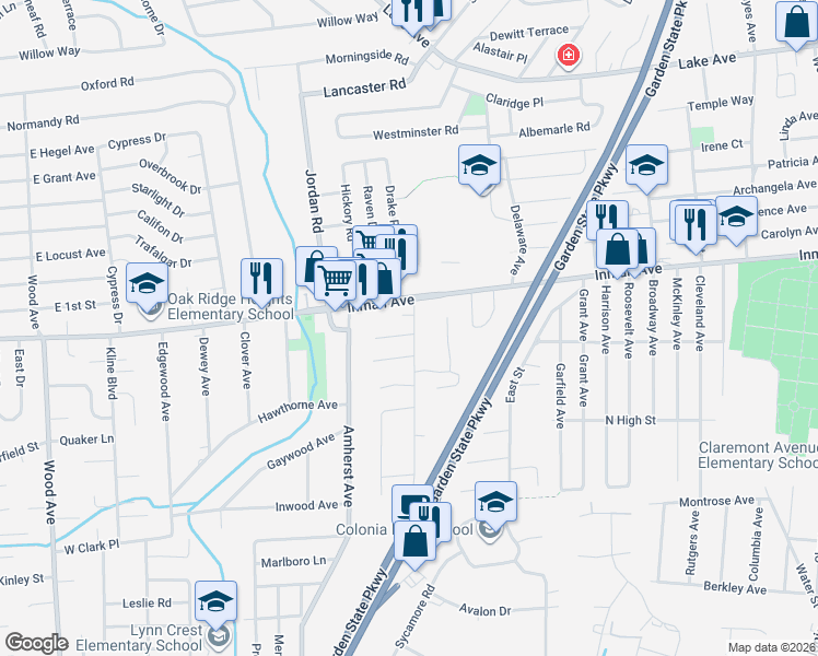 map of restaurants, bars, coffee shops, grocery stores, and more near 2 Courtney Lane in Woodbridge Township