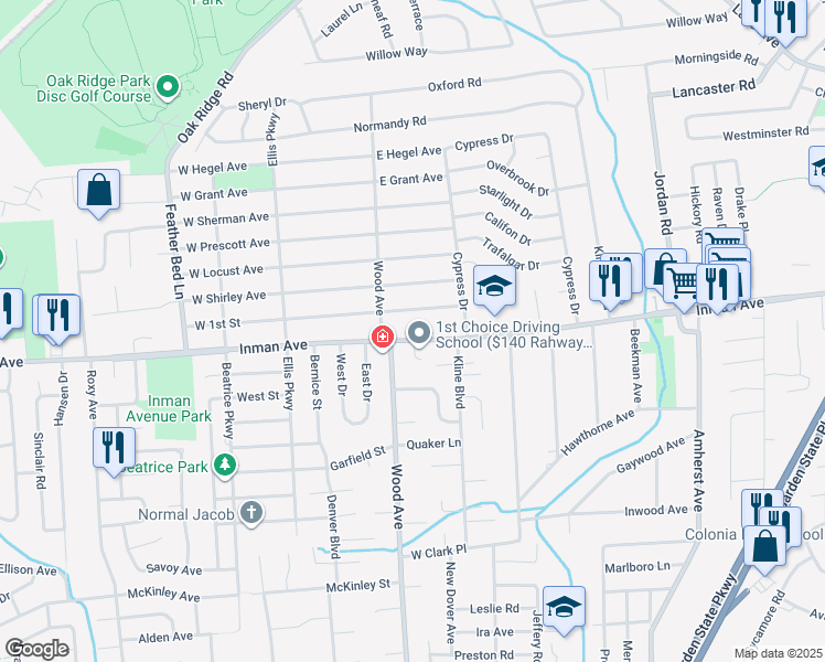 map of restaurants, bars, coffee shops, grocery stores, and more near 795 Inman Avenue in Woodbridge Township