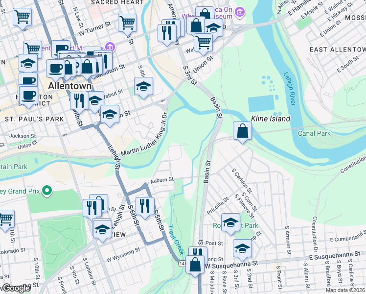 map of restaurants, bars, coffee shops, grocery stores, and more near 327 Market Street in Allentown