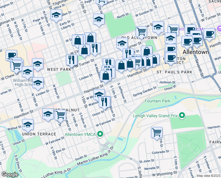 map of restaurants, bars, coffee shops, grocery stores, and more near 38 South Madison Street in Allentown