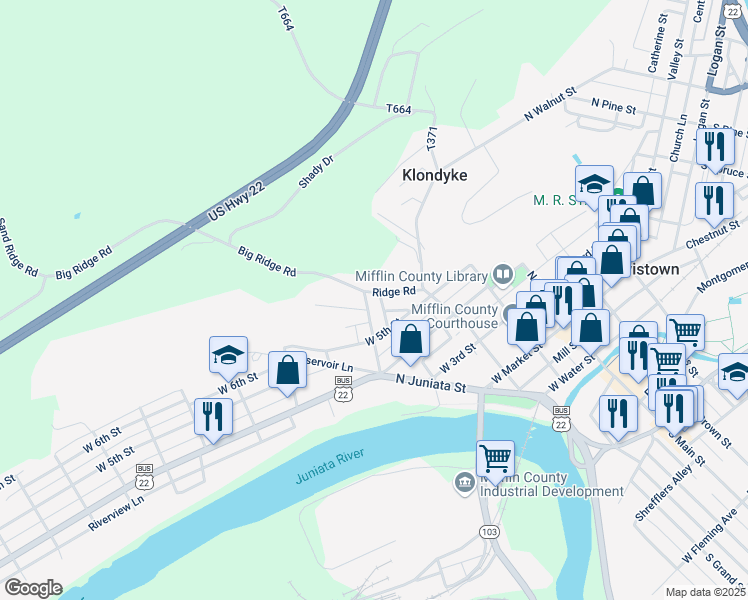 map of restaurants, bars, coffee shops, grocery stores, and more near 347 Bratton Avenue in Lewistown