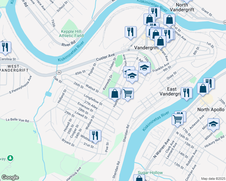 map of restaurants, bars, coffee shops, grocery stores, and more near 542 Hancock Avenue in Vandergrift