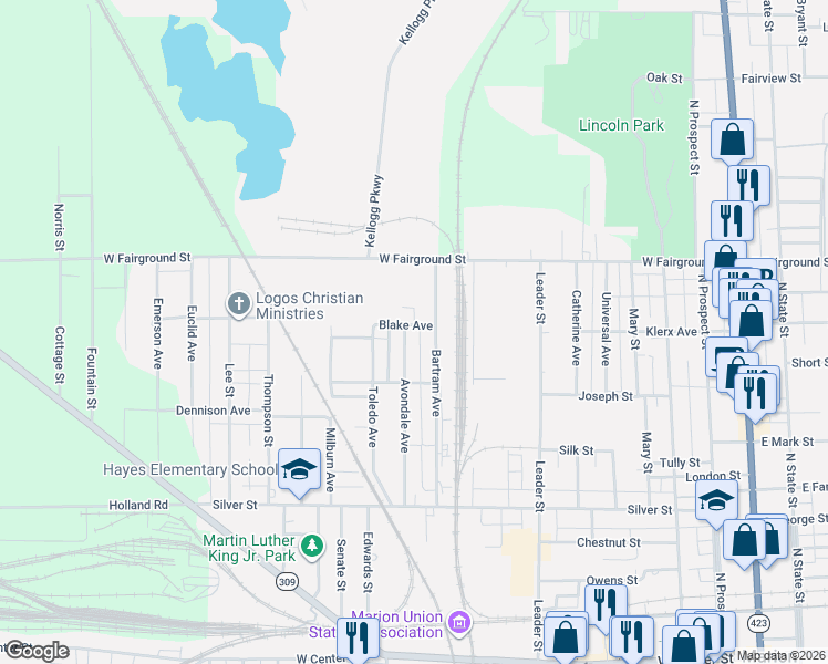 map of restaurants, bars, coffee shops, grocery stores, and more near 535 Bartram Avenue in Marion