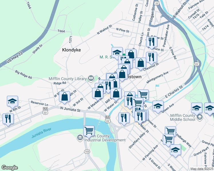 map of restaurants, bars, coffee shops, grocery stores, and more near 1 West Market Street in Lewistown