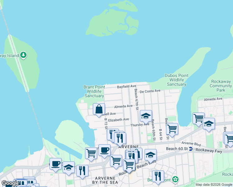 map of restaurants, bars, coffee shops, grocery stores, and more near 69-46 Hillmeyer Avenue in Queens