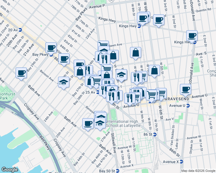 map of restaurants, bars, coffee shops, grocery stores, and more near 2020 West 13th Street in Brooklyn
