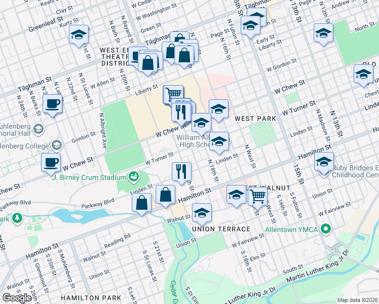 map of restaurants, bars, coffee shops, grocery stores, and more near 112 North Saint George Street in Allentown